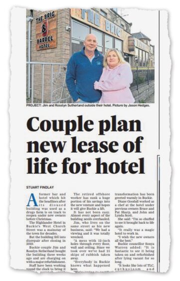 Newspaper clipping of our coverage of the transformation of the former Highlander Hotel into the Brig & Barrel.