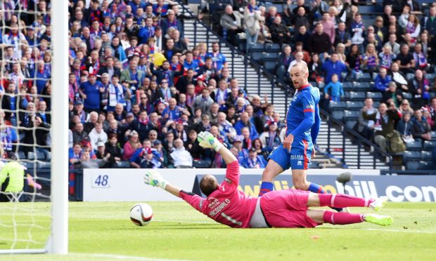 James Vincent scores the winner for Caley Thistle against Falkirk in the 2015 Scottish Cup final.