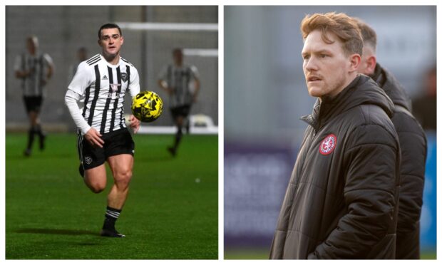 Brora Rangers player-manager Ally MacDonald, right, and Scott Barbour of Fraserburgh.