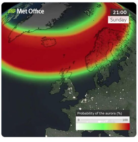 Map showing when and where the Northern Lights will be most visible this evening.