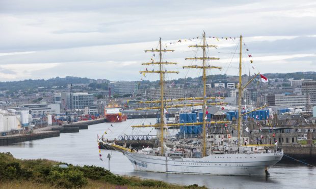 Indonesian Navy's largest sail training ship Bima Suci at Aberdeen Harbour in July 2023. Image: Port of Aberdeen.