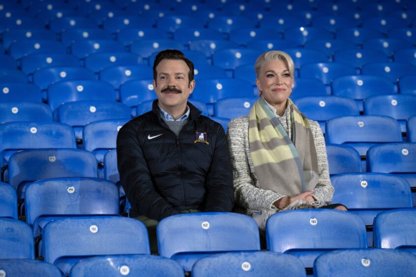 Jason Sudeikis and Hannah Waddingham in Ted Lasso. 