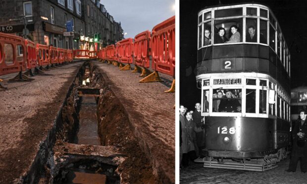 Roadworks on Holburn Street have unveiled the original tramlines for the Mannofield tramway for the first time in decades and, right, the last tram to Mannofield in 1951. Image: DC Thomson/Darrell Benns/Clarke Cooper