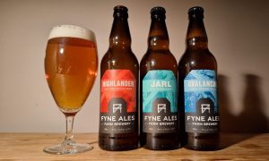 The three Fyne Ales beers being reviewed in bottles, side by side.