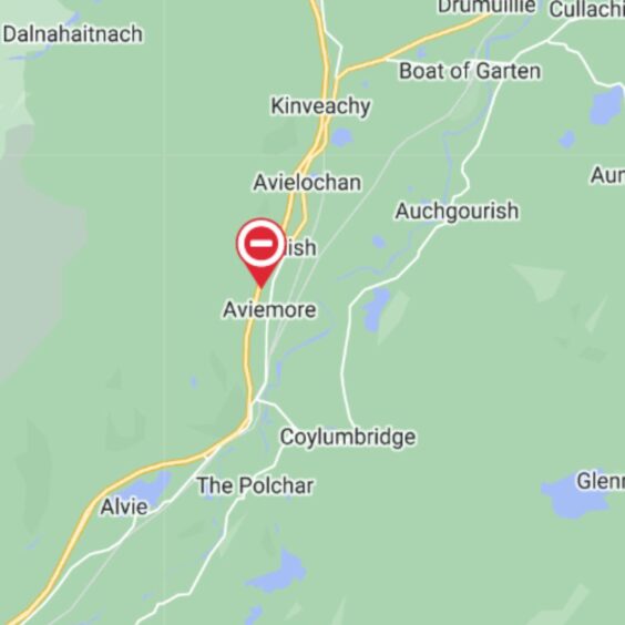 Map with pin on location of crash on A9 south of Aviemore