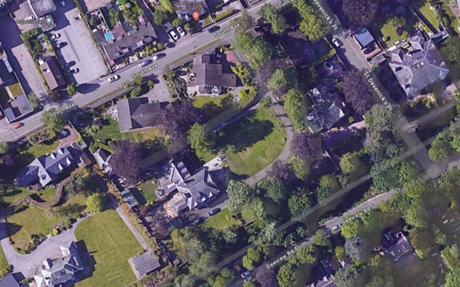 A view of Birchwood House, Cults, from above, showing the shed and fenced garden. Image: Aberdeen City Council