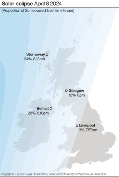 Map showing best locations for visibility of partial solar eclipse in the UK on Monday, April 8 2024