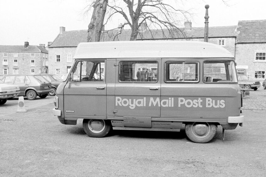 The first Royal Mail Post Bus on its inaugural journey between Ripon and Masham, North Yorkshire. 