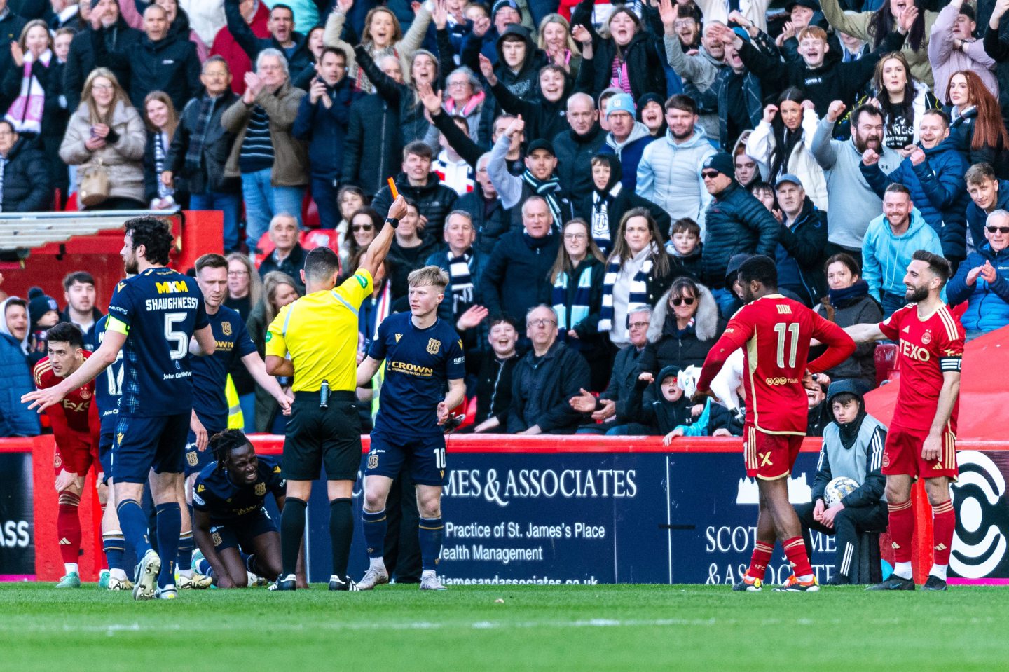 Aberdeen captain Graeme Shinnie is sent off for a double booking against Dundee. Image: Shutterstock 