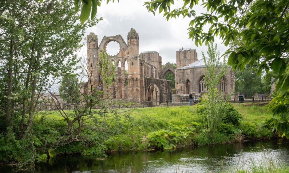 Elgin Cathedral viewed through trees.