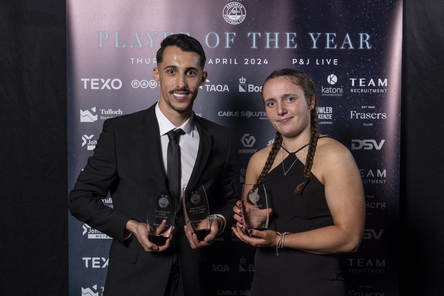 Aberdeen player of the year Bojan Miovski and AFC Women player of the year Bayley Hutchison. Supplied by Aberdeen FC