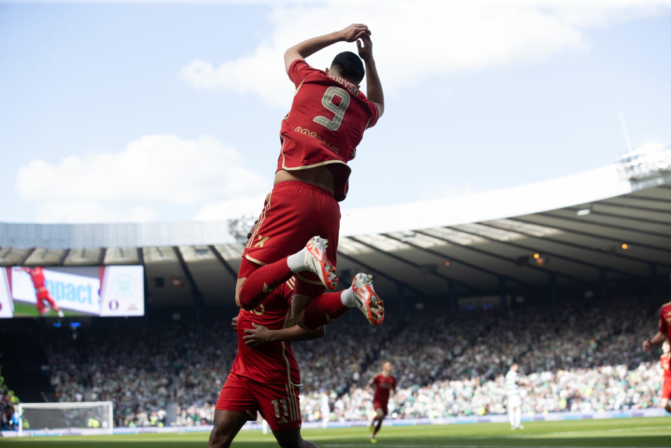 Bojan Miovski celebrates after scoring to make it 1-0 against Aberdeen in the Scottish Cup semi-final. Image: SNS