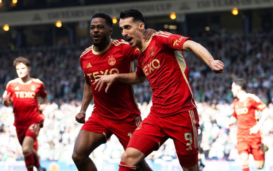 Aberdeen striker Bojan Miovksi celebrates with Duk after scoring to make it 1-0 in the Scottish Gas Scottish Cup semi-final. Image: SNS