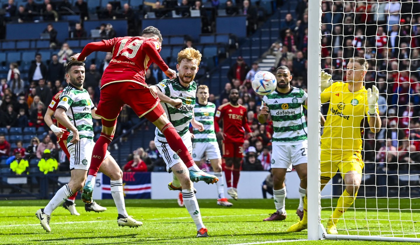 Aberdeen's Ester Sokler scores to make it 2-2 against Celtic in the Scottish Cup semi-final. Image: SNS