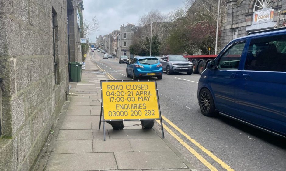 Road closed sign on Hutcheon Street, Aberdeen