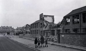 Pupils look at the Middlefield School bomb damage on April 21 1943 after the worst air raid on Aberdeen during the Second World War. Image: DC Thomson