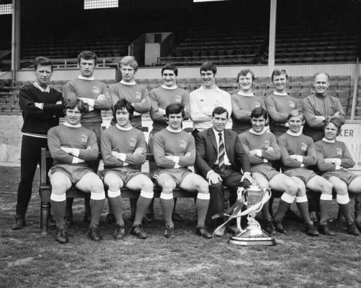 The Aberdeen team with the Scottish Cup at Pittodrie.