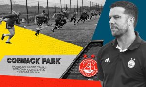 A graphic which shows Aberdeen Women players in training, manager Clint Lancaster and the club's training ground sign Cormack Park.