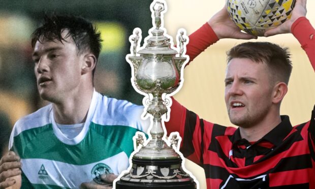 Buckie Thistle's Jack Murray, left, and Inverurie Locos' Greg Mitchell, right, with the Evening Express Aberdeenshire Cup trophy.
Buckie face Inverurie at in the Aberdeenshire Cup final on April 23 2024 at Keith's Kynoch Park.
Graphic created on April 22 2024.