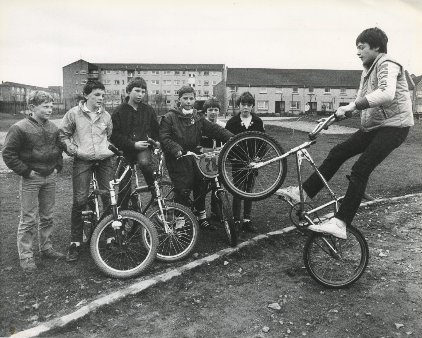 Fifteen-year-old Wayne Christie shows his mates his latest trick on the BMX bike at the Tillydrone track in 1983