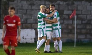 Josh Peters, right, celebrates scoring for Buckie Thistle against Brora Rangers with team-mates Jack MacIver, left, and Andrew MacAskill. Pictures by Jasperimage.