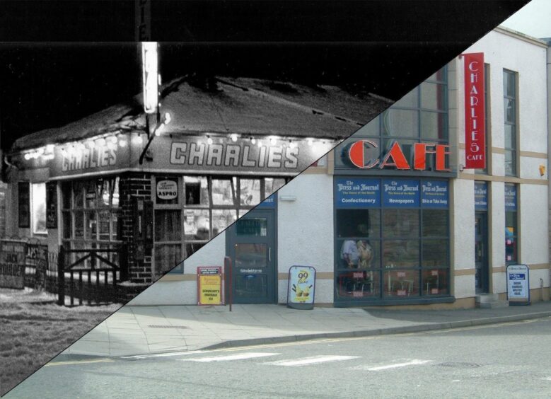 old and new facade of Charlie's Cafe, a place where to eat in Inverness