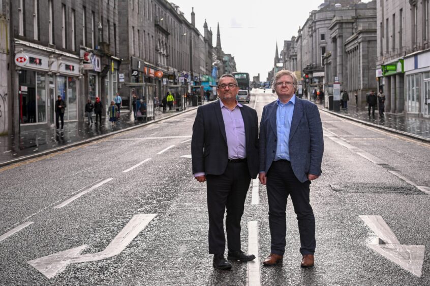 Aberdeen City Council co-leaders Christian Allard (left) and Ian Yuill on central Union Street- which will close to buses later this month. Image: Darrell Benns/DC Thomson