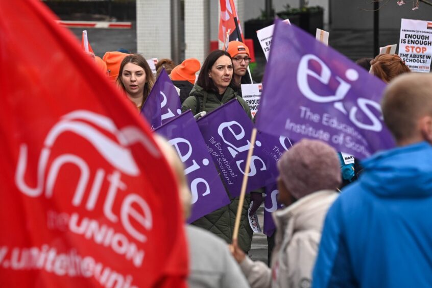 Members of the GMB, EIS, Unite and the Aberdeen Trades Union Council last month demonstrated against the violence they are facing in city schools. Image: Darrell Benns/DC Thomson