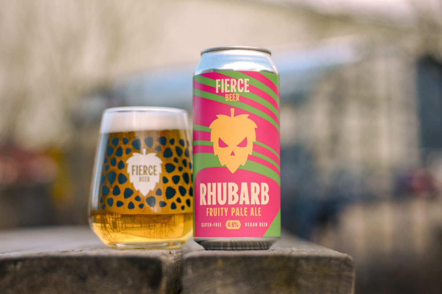 A can of Fierce Rhubarb poured into a glass. 