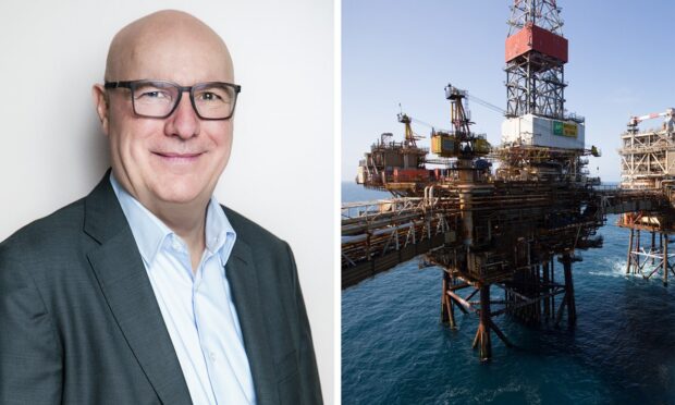 Serica Energy chairman and interim CEO, alongside a picture from the firm's Bruce field.