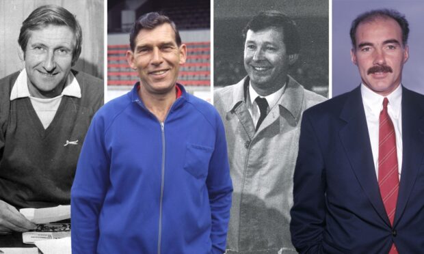 Former Aberdeen managers, from left, Ally MacLeod, Eddie Turnbull, Alex Ferguson and Willie Miller.