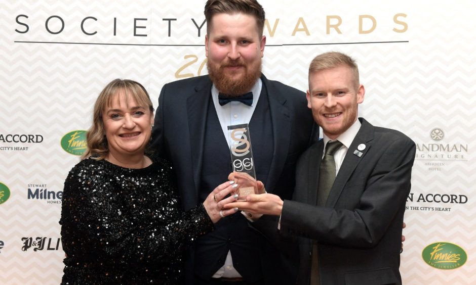 Society Awards at the Sandman Signature Hotel in 2019. From left, Angela Joss, Martin Widerlechner and Ross Grant win Event of the Year for Nuart Aberdeen. Kath Flannery/DCT Media
