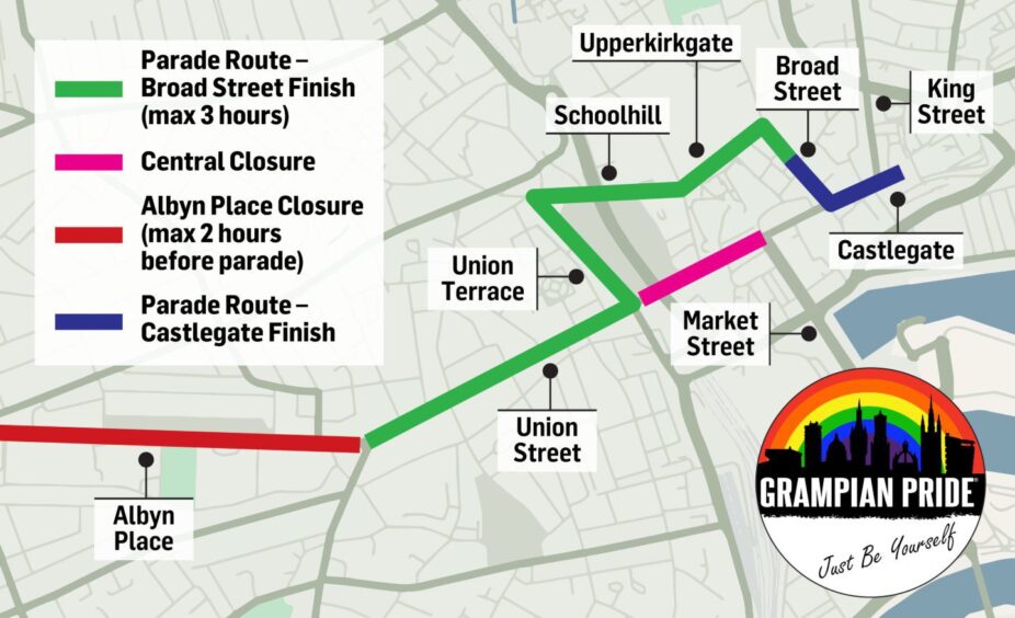 A map of Aberdeen city centre showing the Grampian Pride 2024 parade route