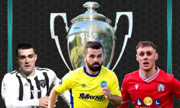 A graphic for the final day of the 2023-24 Breedon Highland League season on Saturday April 20 with Buckie Thistle, Brechin City and Fraserburgh all trying to win the league.

Pictured is Fraserburgh's Scott Barbour, left, Buckie's Andrew MacAskill, centre, and Brechin's Kevin McHattie, right, with the Highland League championship trophy.

Graphic created by DCT Design Desk on April 19 2024.