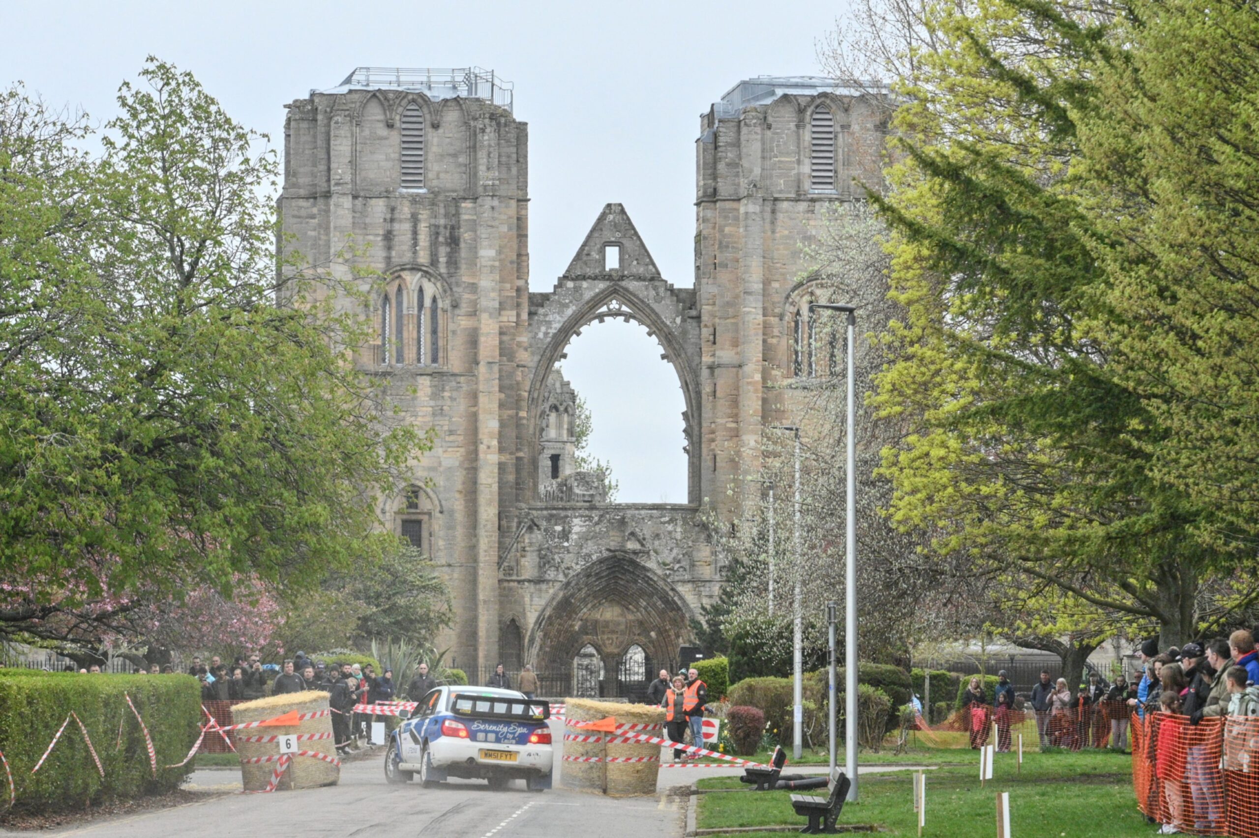 Elgin Cathedral with rally car in front. 