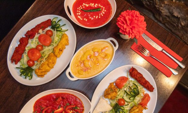 Indian food from Spice Tandoori viewed from above.