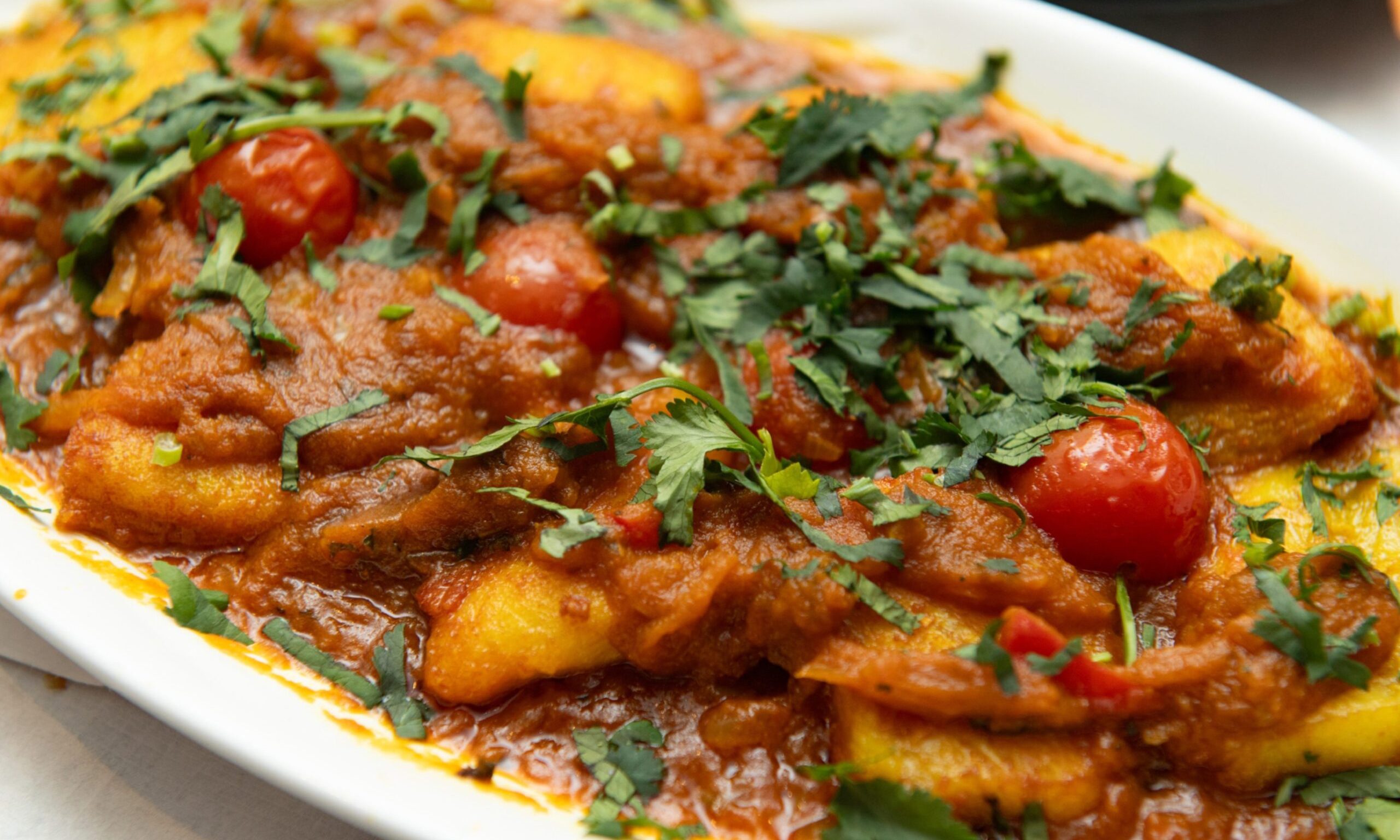 Close-up of fish bhuna curry. 