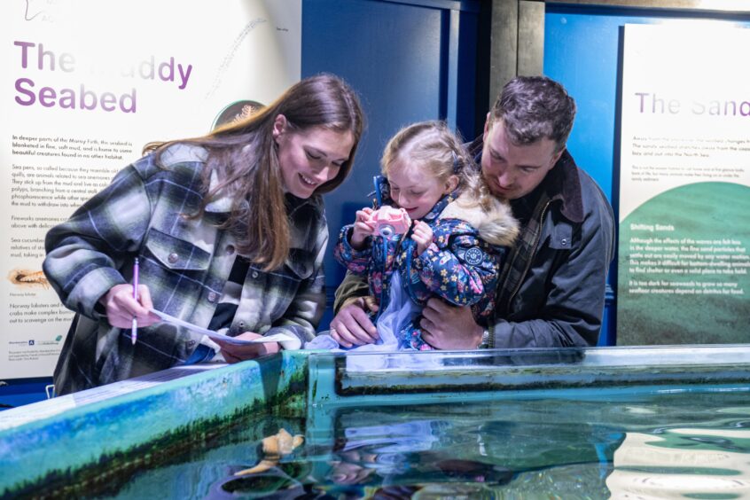 A family looks at the aquarium map while the young girl takes a picture of some fish with her pink camera.