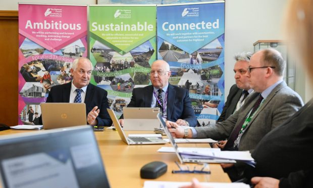 Council leader Raymond Bremner, convener Bill Lobban, chief executive Derek Brown and head of corporate finance Brian Porter in Inverness on Monday. Image: Jason Hedges