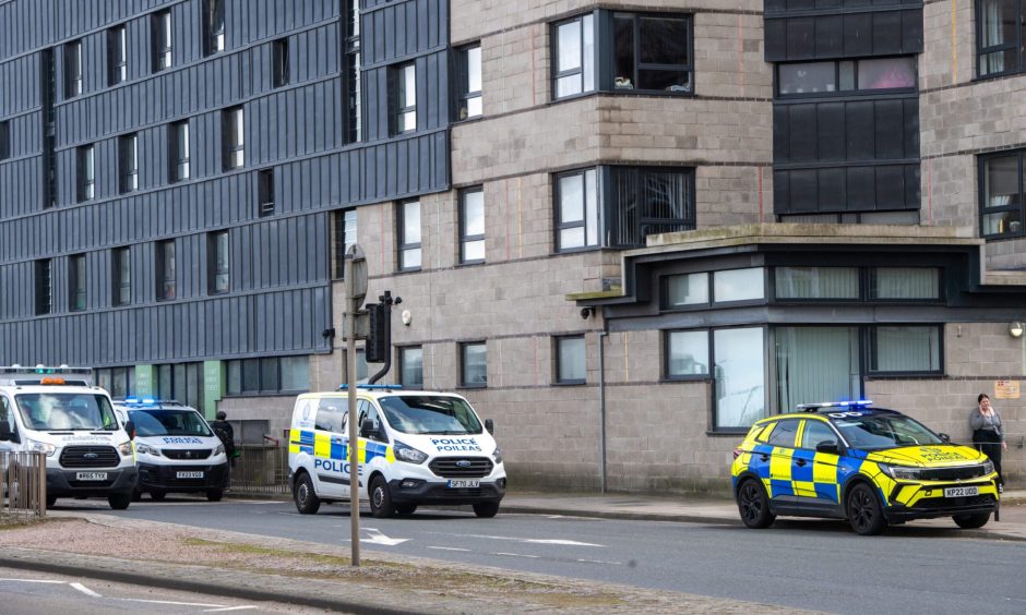 Police cars at the scene of the city centre disturbance on West North Street, Aberdeen.