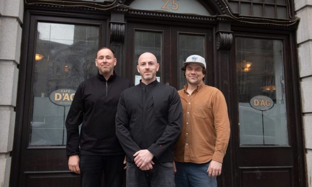 O'Malley's owners (L-R) Ashley Adams, Philip Adams, and bar manager Neil Strachan. Image: Kenny Elrick/DC Thomson