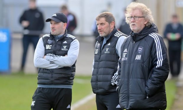 Fraserburgh assistant manager James Duthie, centre, with manager Mark Cowie, left, and coach Alex Mair.