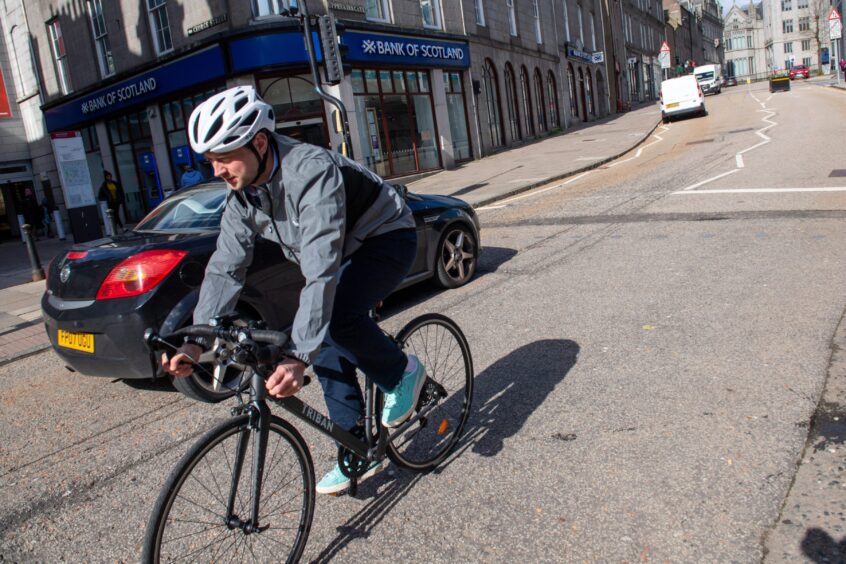 It didn't take long cycling on Schoolhill and Upperkirkgate before our reporter was met with a car "zooming" by. Image: Kami Thomson/DC Thomson