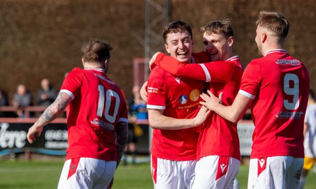 CR0047734 Callum Law story, Brechin.  
Highland League ; Brechin v Forres Mechanics.  
Picture shows;  Brechin's Fraser MacLeod, second from left, celebrates his goal  
Saturday 13 April 2024
Image: Kami Thomson/DC Thomson