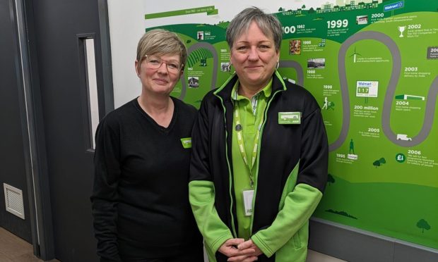 Jane (right) with store manager Linda Morrison after helping the worried mother in Asda Huntly. Image supplied by Asda.