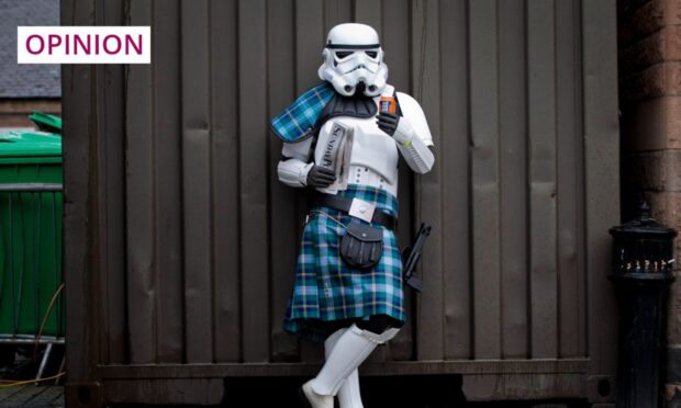 A very Scottish Star Wars Stormtrooper wearing a kilt, like the one who recently tried to travel from Aberdeen to Dundee on a Scotrail train. Image: Andrew Cawley