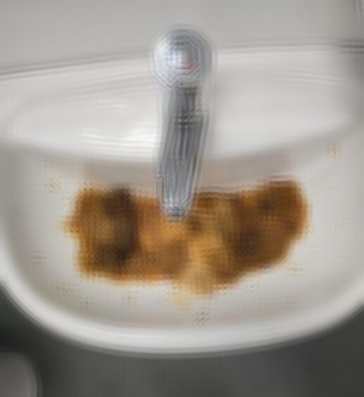 A pixelated image of the poo in the toilet sink of The Range in Inverness