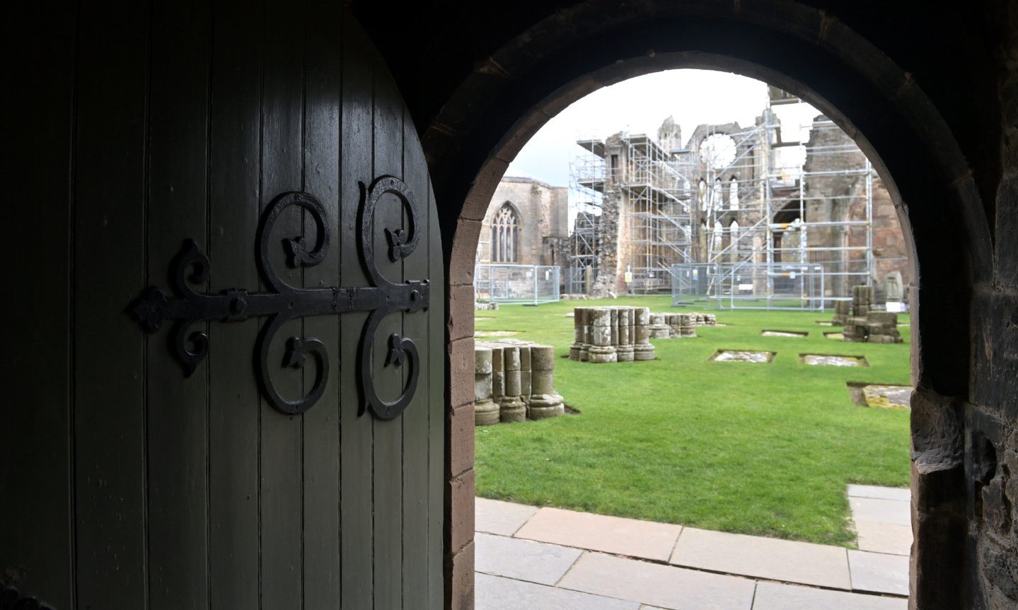 Looking through doorway at Elgin Cathedral ruins. 
