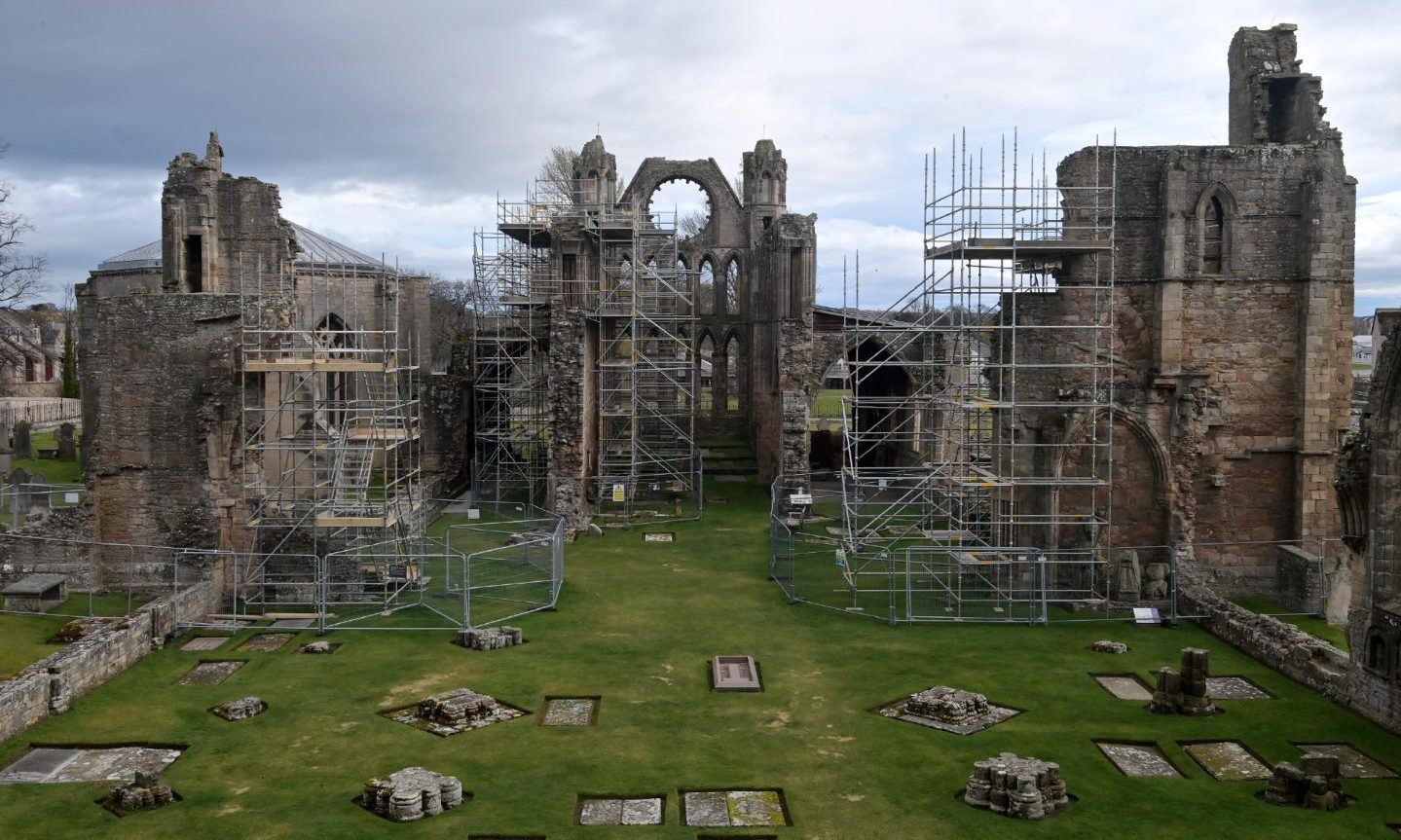 Elgin Cathedral ruins viewed from high. 