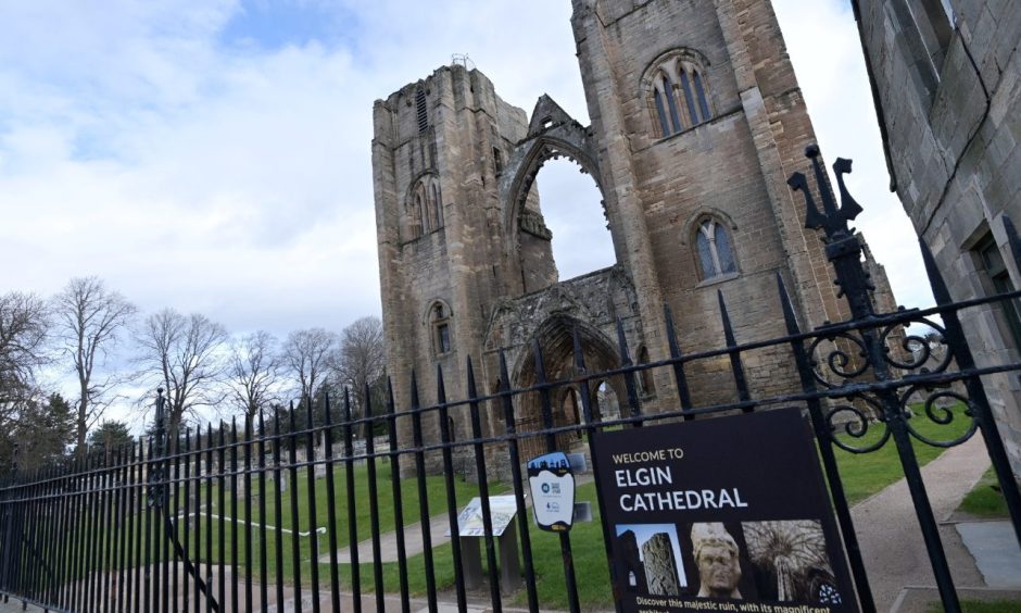 View of Elgin Cathedral from gates.